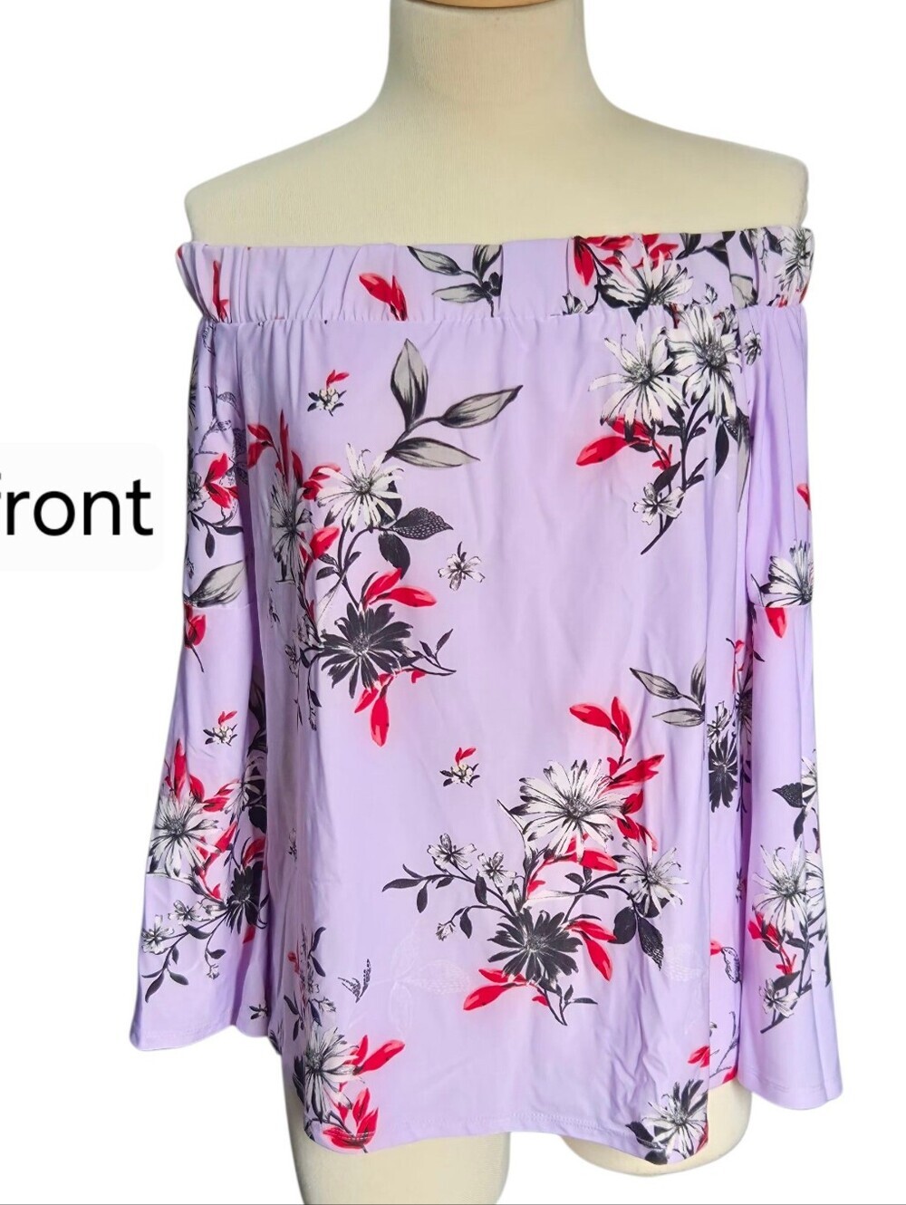 Suzy Shier Lilac Off-Shoulder Floral Blouse with Red and Black Accents
